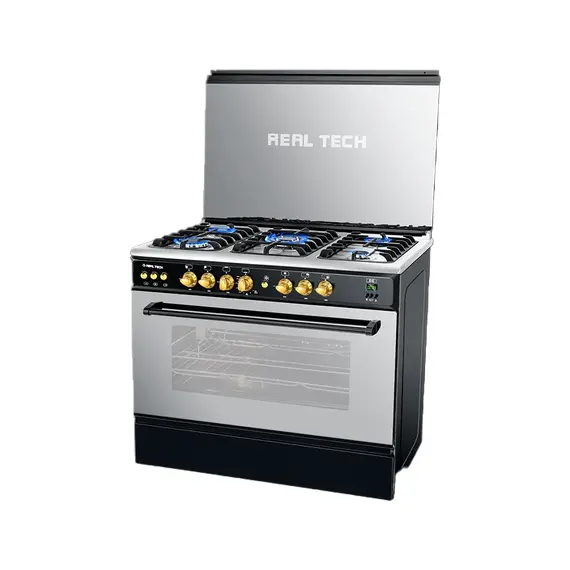 Real Tech 5-burner gas stove, black steel, full safety, Italian room burners, digital, timer, golden key, heavy flower holder, 2 image